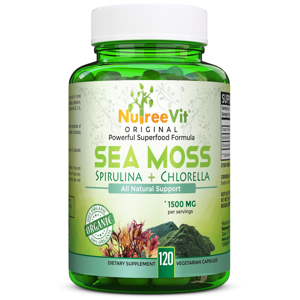 NutreeVit 100% Organic Sea Moss Spirulina Chlorella - 90 Capsules