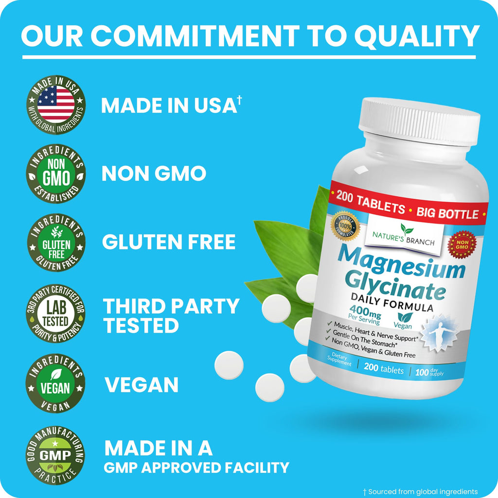 Nature's Branch Magnesium Glycinate 400mg for Sleep & Heart - 200 Tablets - image 7