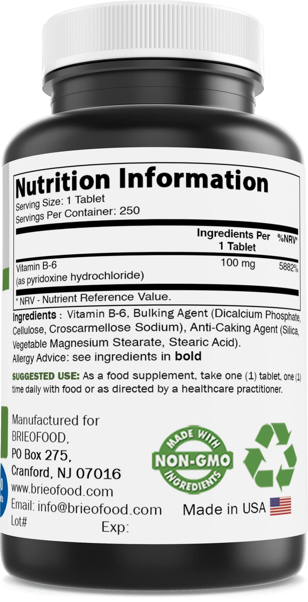 Brieofood Vitamin B6 100 mg - 250 Tablets - image 2