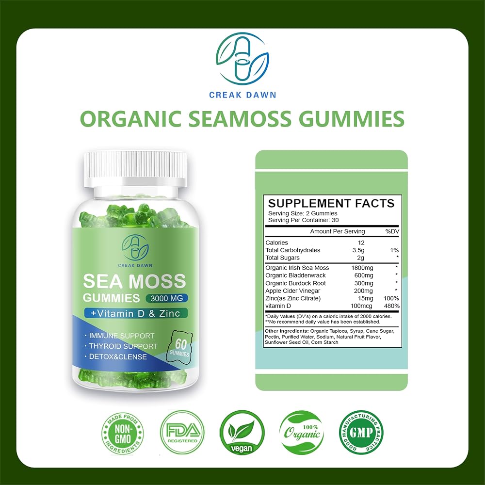 CREAK DAWN SUPP Sea Moss Gummies 1800mg with Bladderwrack & Burdock - 60 Gummies - image 4
