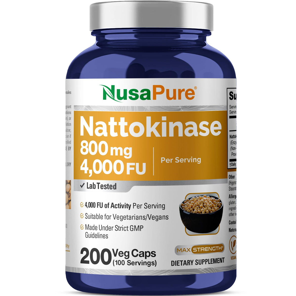 NusaPure Nattokinase 4000 FU Vegan 800mg - 200 Vegetarian Capsules
