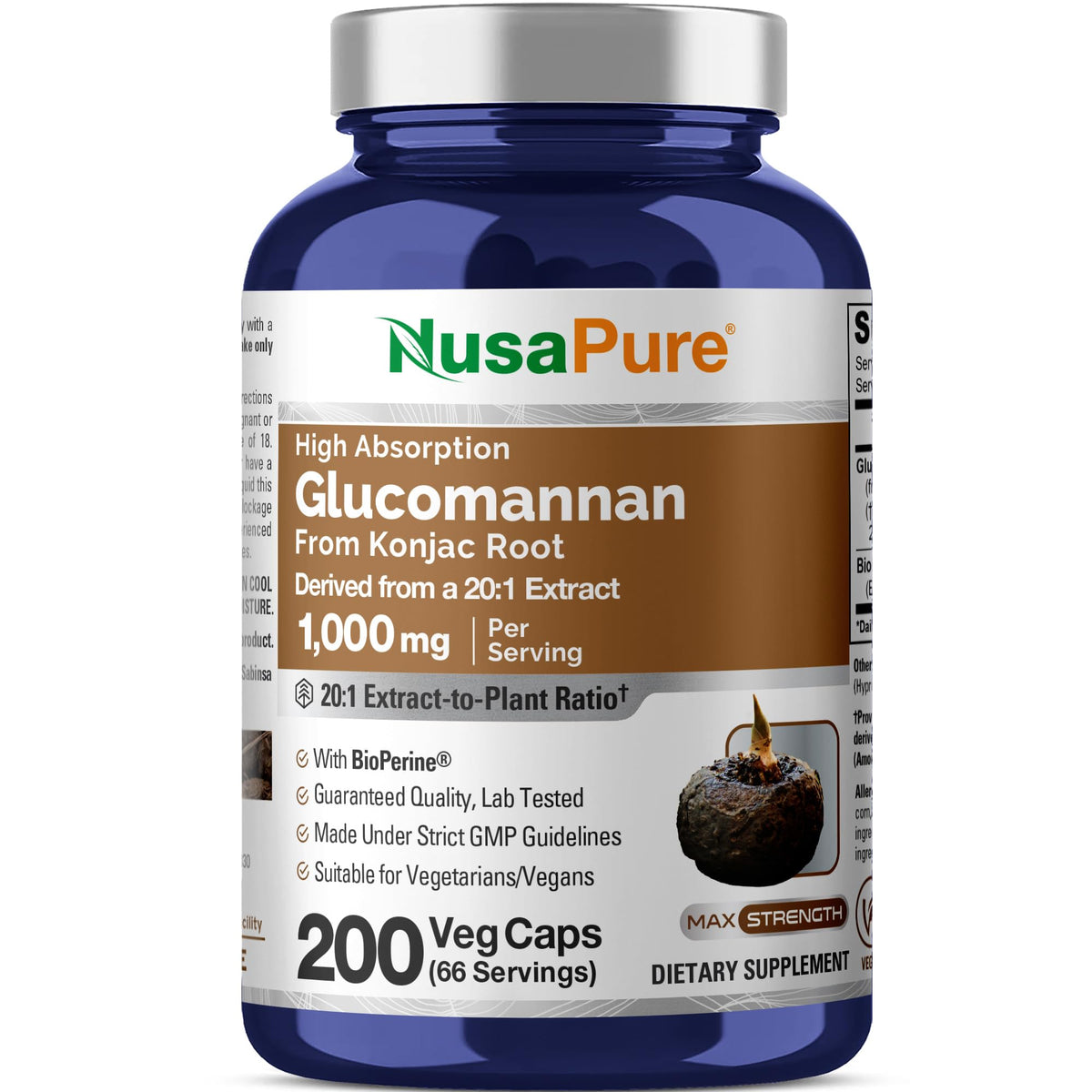 NusaPure Glucomannan Konjac Root 1000mg - 200 Vegetarian Capsules