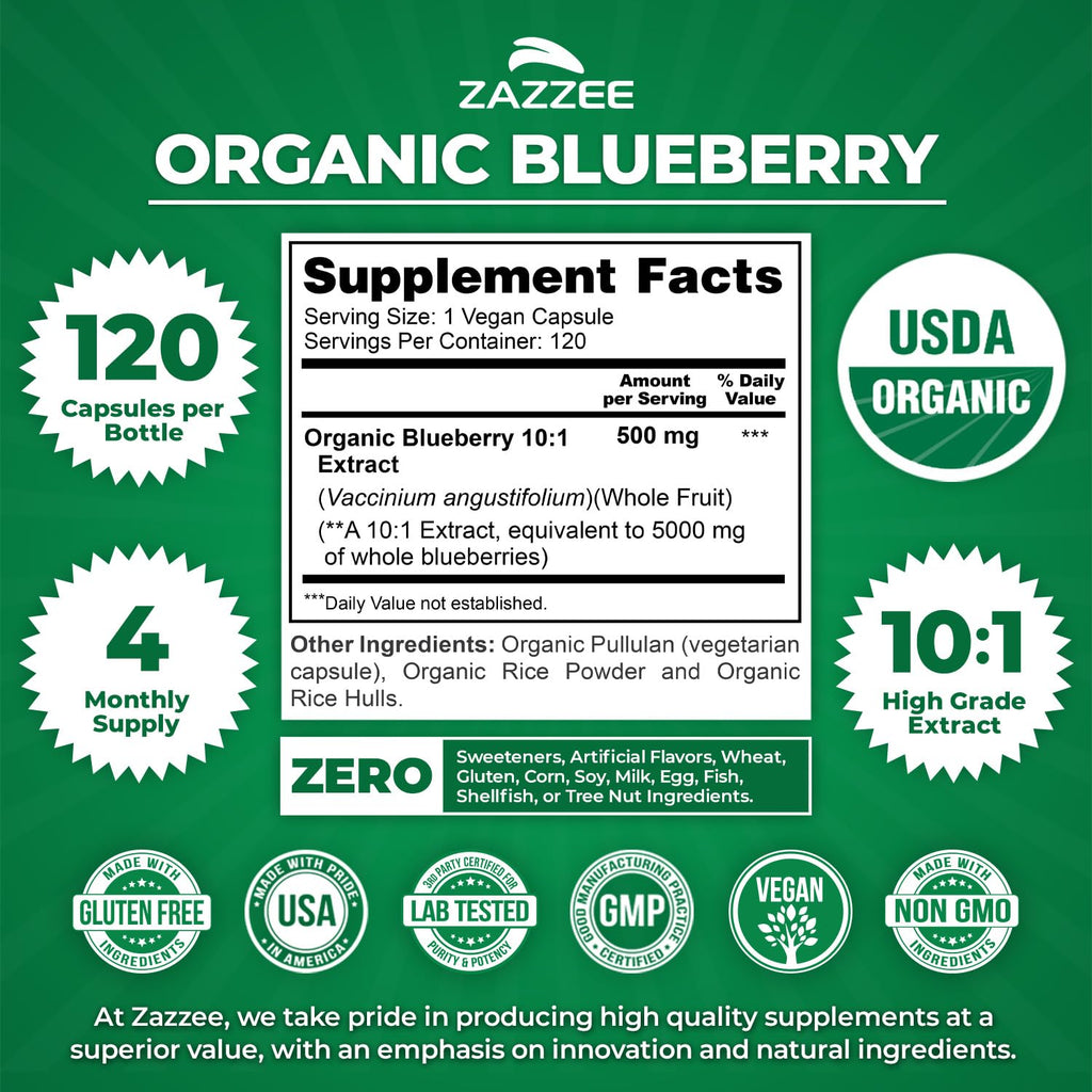 Zazzee USDA Organic Blueberry 10:1 Extract - 120 Capsules - image 2