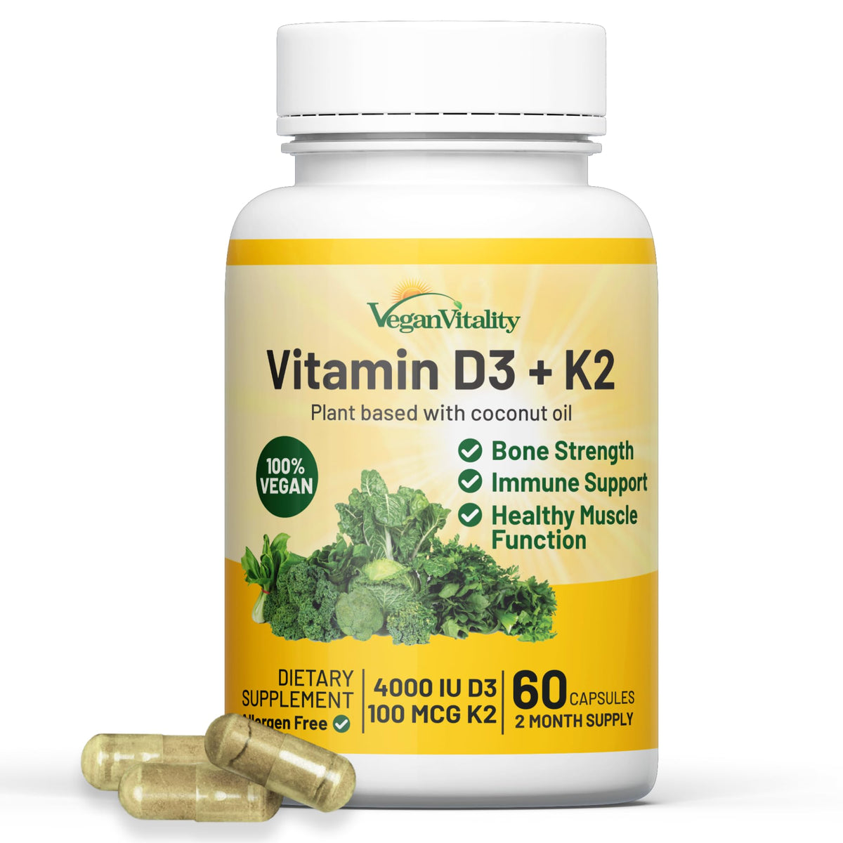 Vegan Vitality Vitamin D3 K2 4000IU with Coconut Oil - 60 Capsules