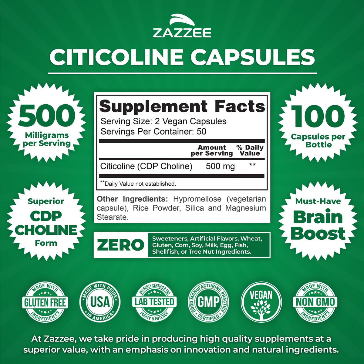 Zazzee Extra Strength Citicoline 500 mg - 100 Vegan Capsules - image 3