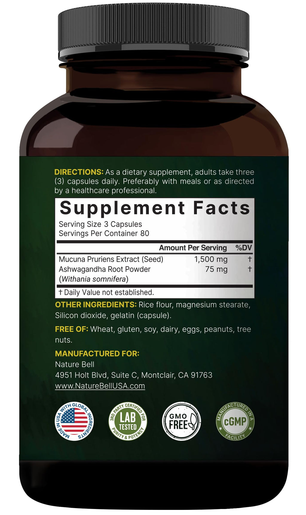 NatureBell Mucuna Pruriens Capsules Triple Strength 1500mg - 240 Capsules - image 2