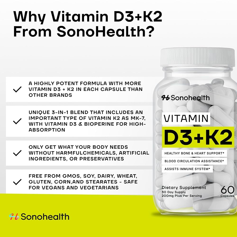 SonoHealth Vitamin D3 + K2 with BioPerine - 60 Capsules - image 6