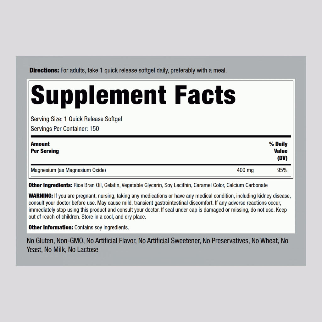 Piping Rock Magnesium 400 mg - 150 Softgels - image 2
