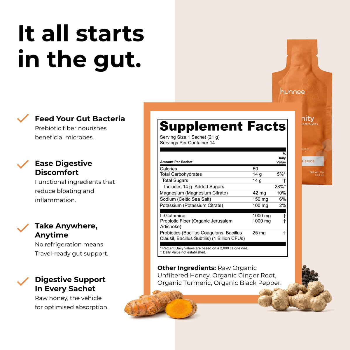 Hunnee H Gut + Immunity Raw Honey Ginger Spice - 14 x 21g - image 3
