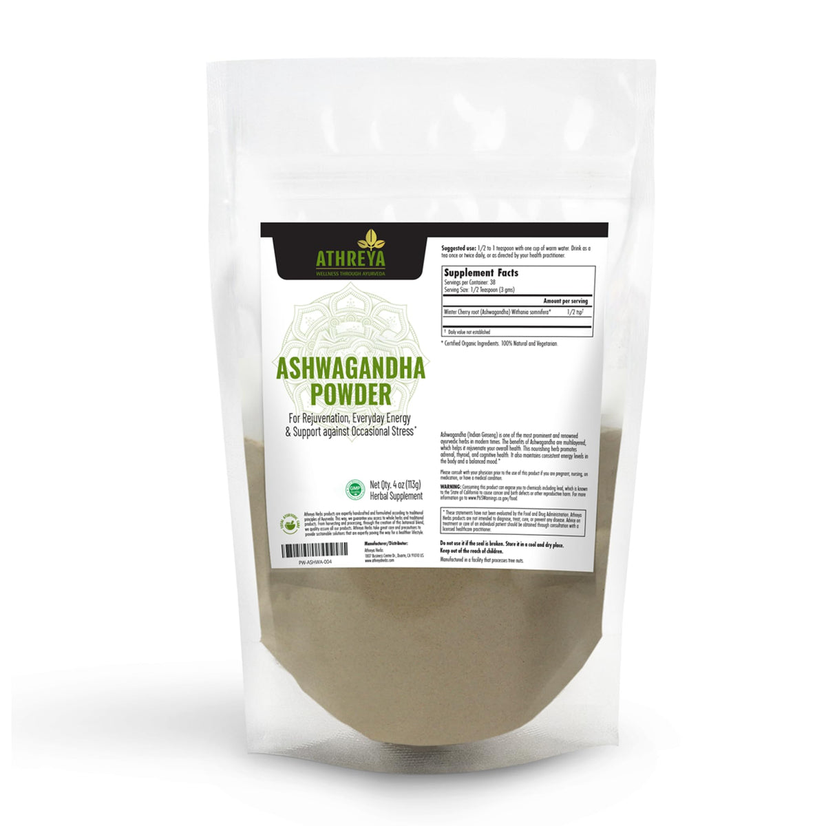 Athreya Herbs Pure Ayurvedic Ashwagandha Powder - 4 Oz