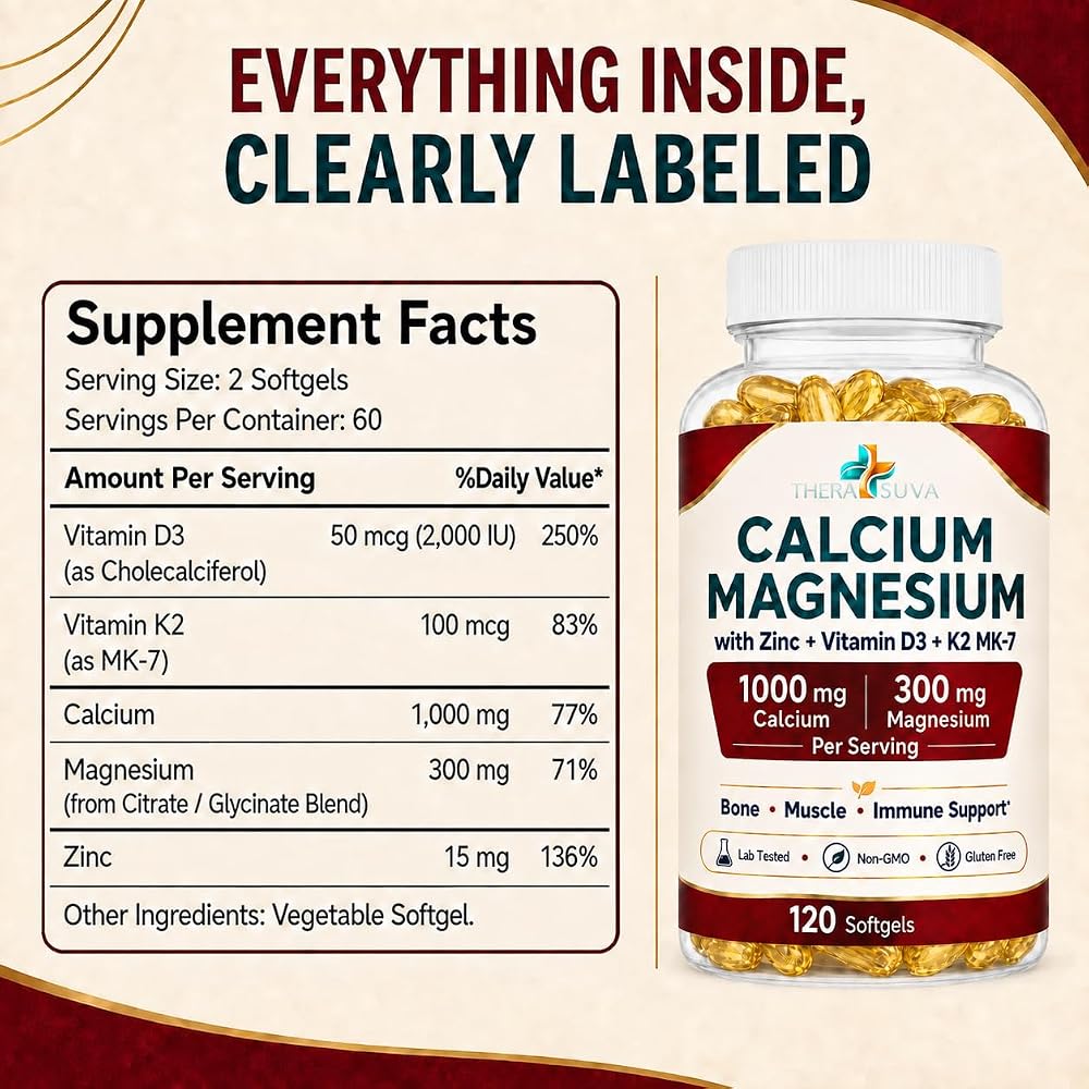 TheraSuva Extra Strength 5 in 1 Calcium 1000mg - 120 Softgels - image 5