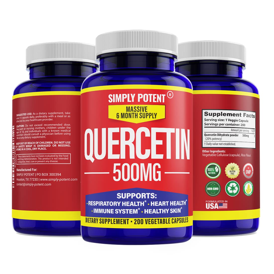 Simply Potent Quercetin 500mg Antioxidant - 200 Capsules