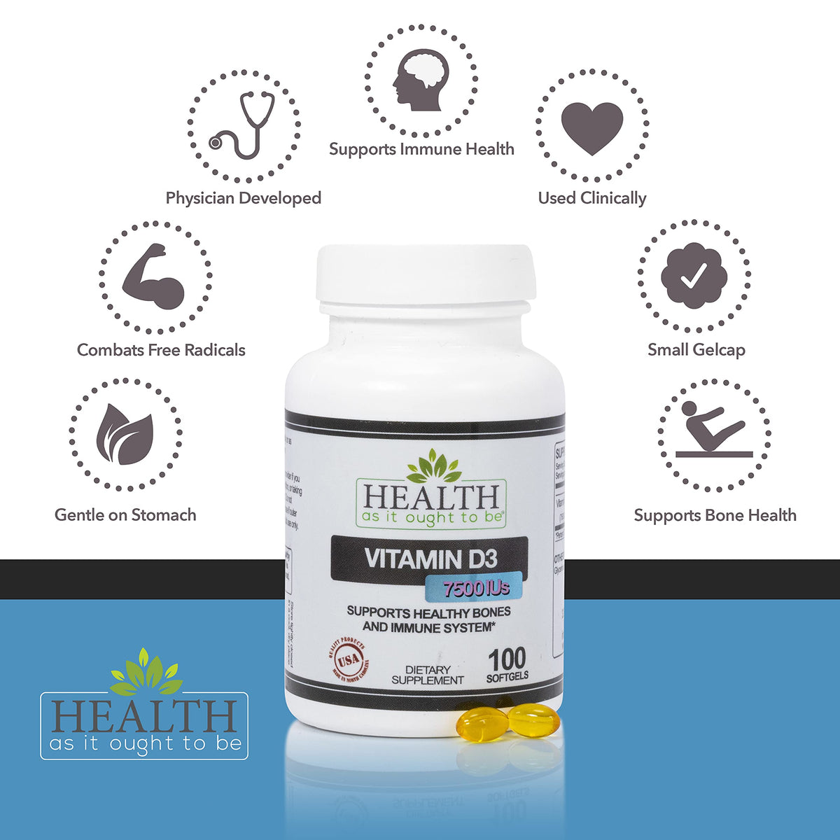 Health As It Ought To Be Vitamin D3 7500 IU Bone & Immune - 100 Softgels - image 3