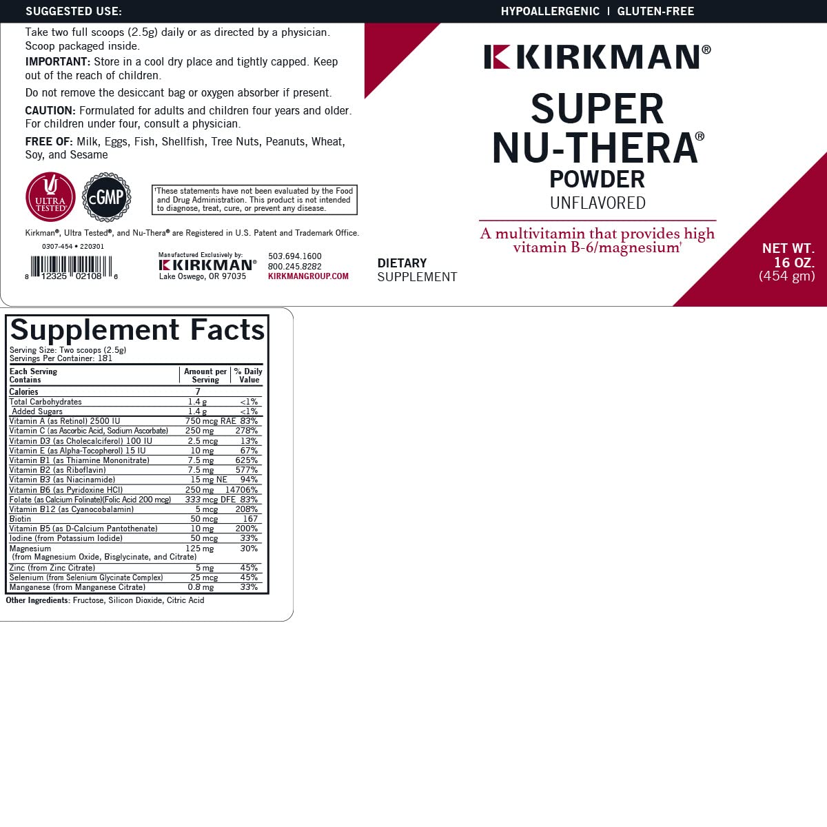 Kirkman Super Nu-Thera Powder Multivitamin - 16 oz - image 3
