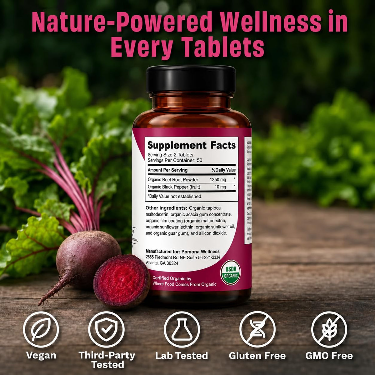 Pomona Wellness Beetroot Supplement Nitric Oxide Booster - 100 Tablets - image 5