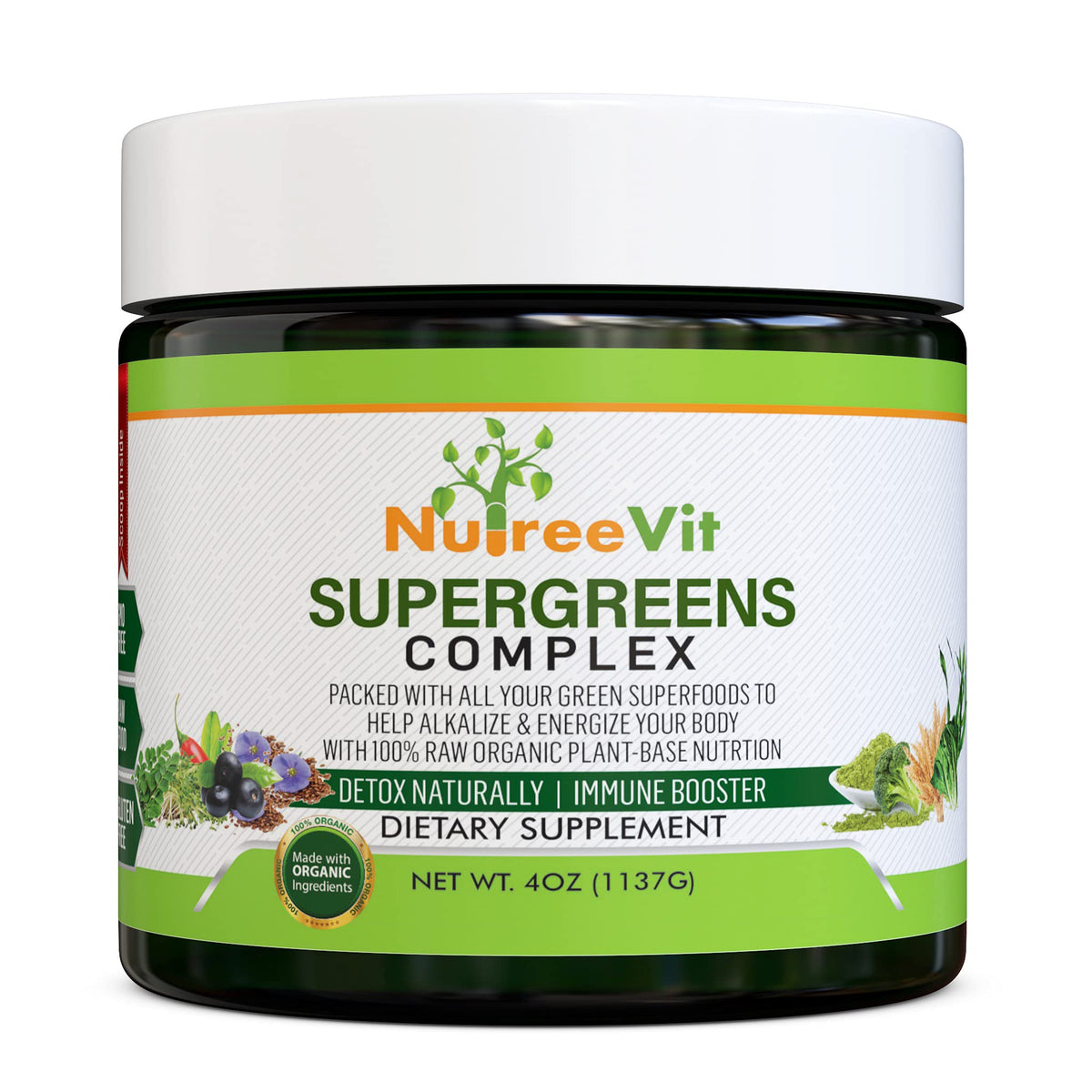 NutreeVit SuperGreens Spirulina Chlorella Wheatgrass Powder - 4 oz