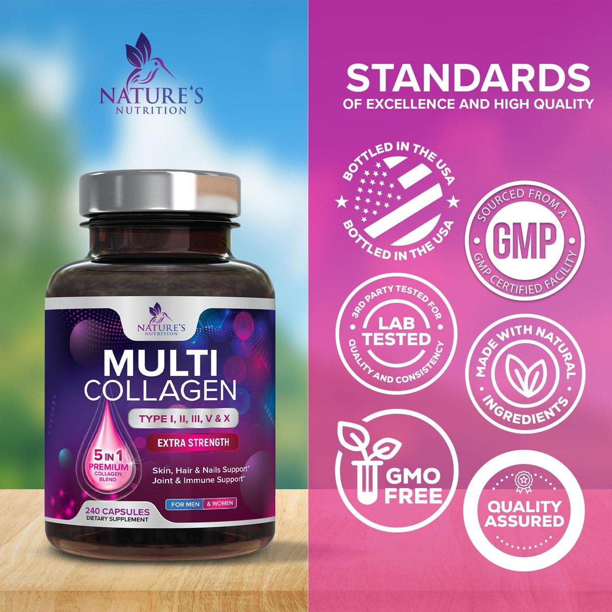 Nature's Nutrition Multi Collagen Complex Pills - Hydrolyzed Collagen