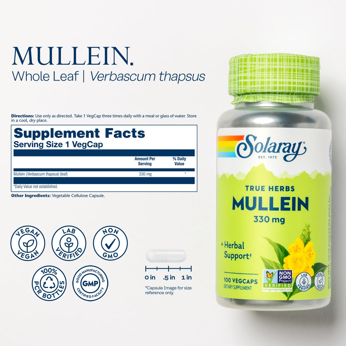 SOLARAY Mullein Leaf 330 mg Herbal Support - 100 Vegetarian Capsules - image 2