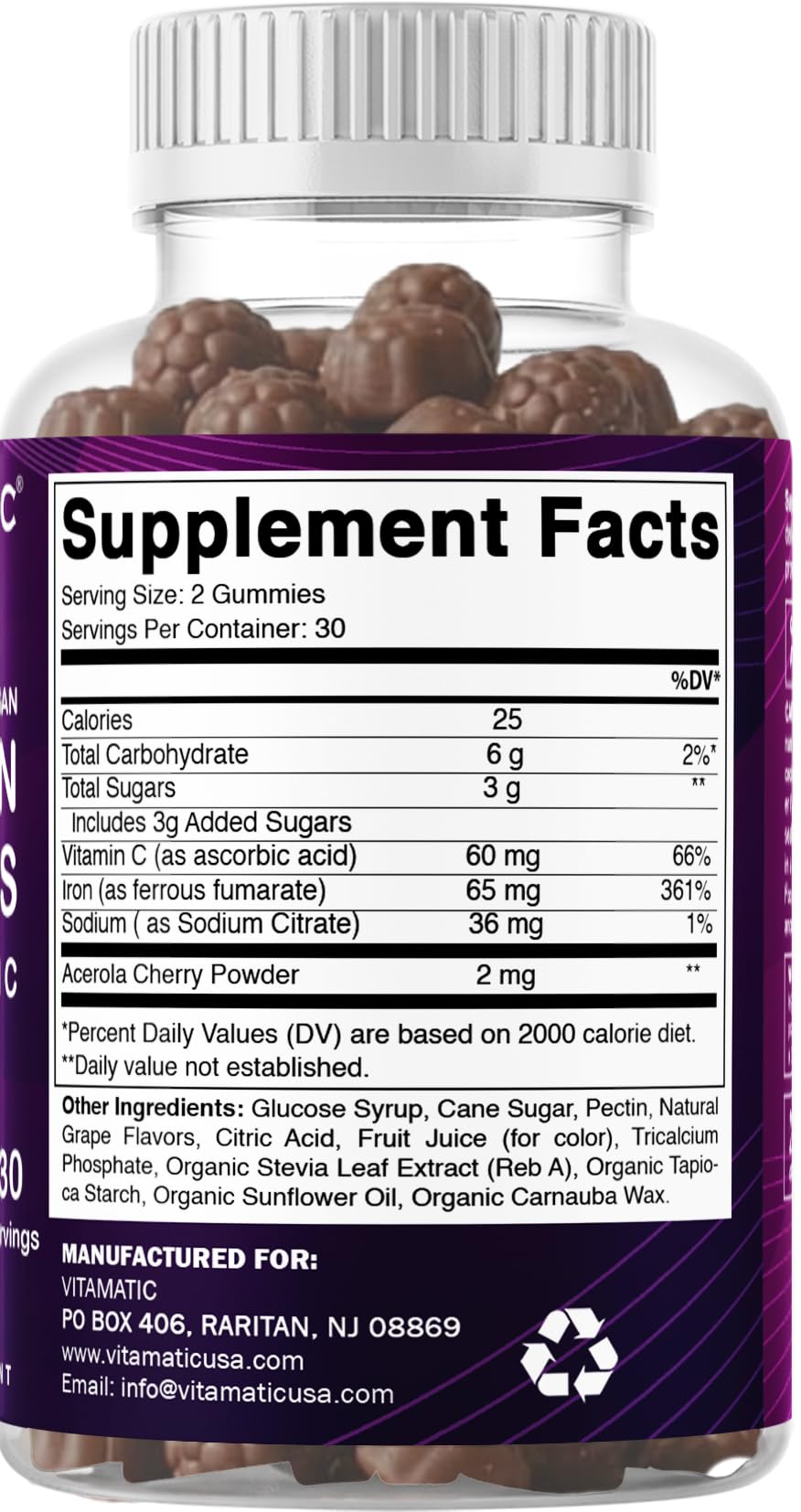 Vitamatic Iron 65 mg Gummies Supplement for Women & Men - 60 Vegan