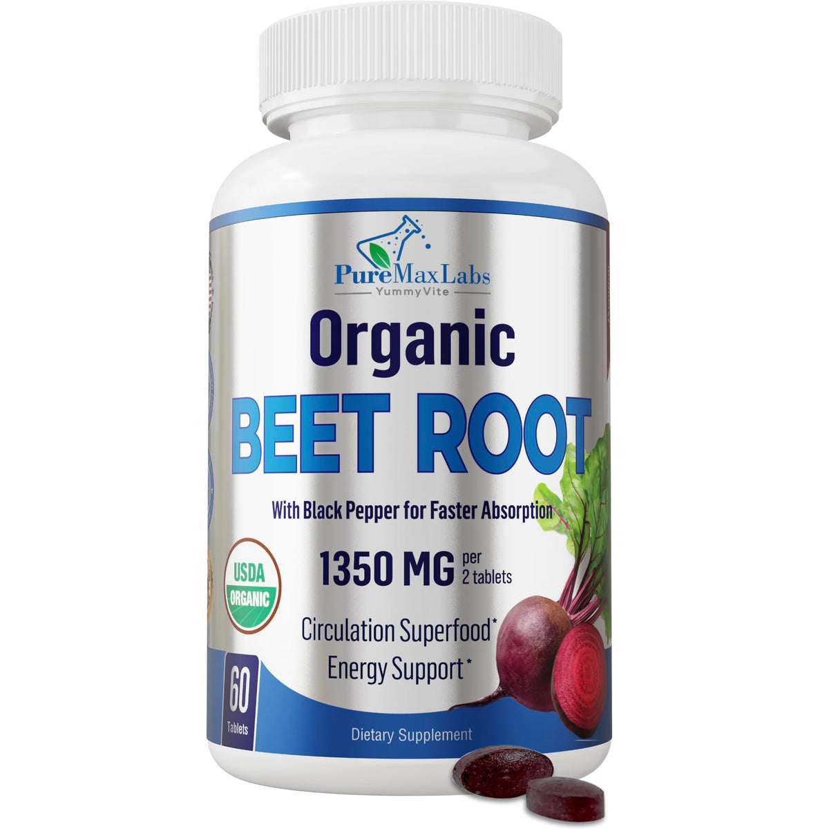 YUMMYVITE Organic Beet Root Powder 1350mg - 60 Tablets