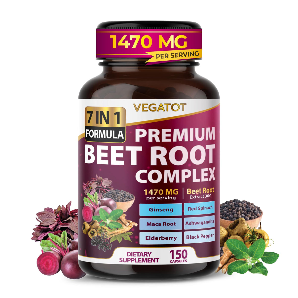 VEGATOT Premium Beet Root Extract 7-in-1 Complex - 90 Capsules