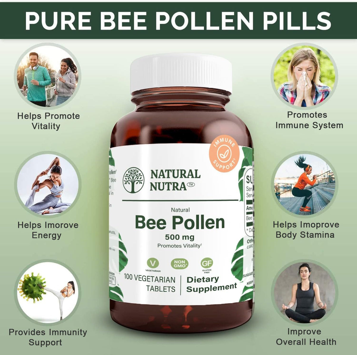 Natural Nutra Bee Pollen 500 mg Vitality Support - 100 Tablets - image 3