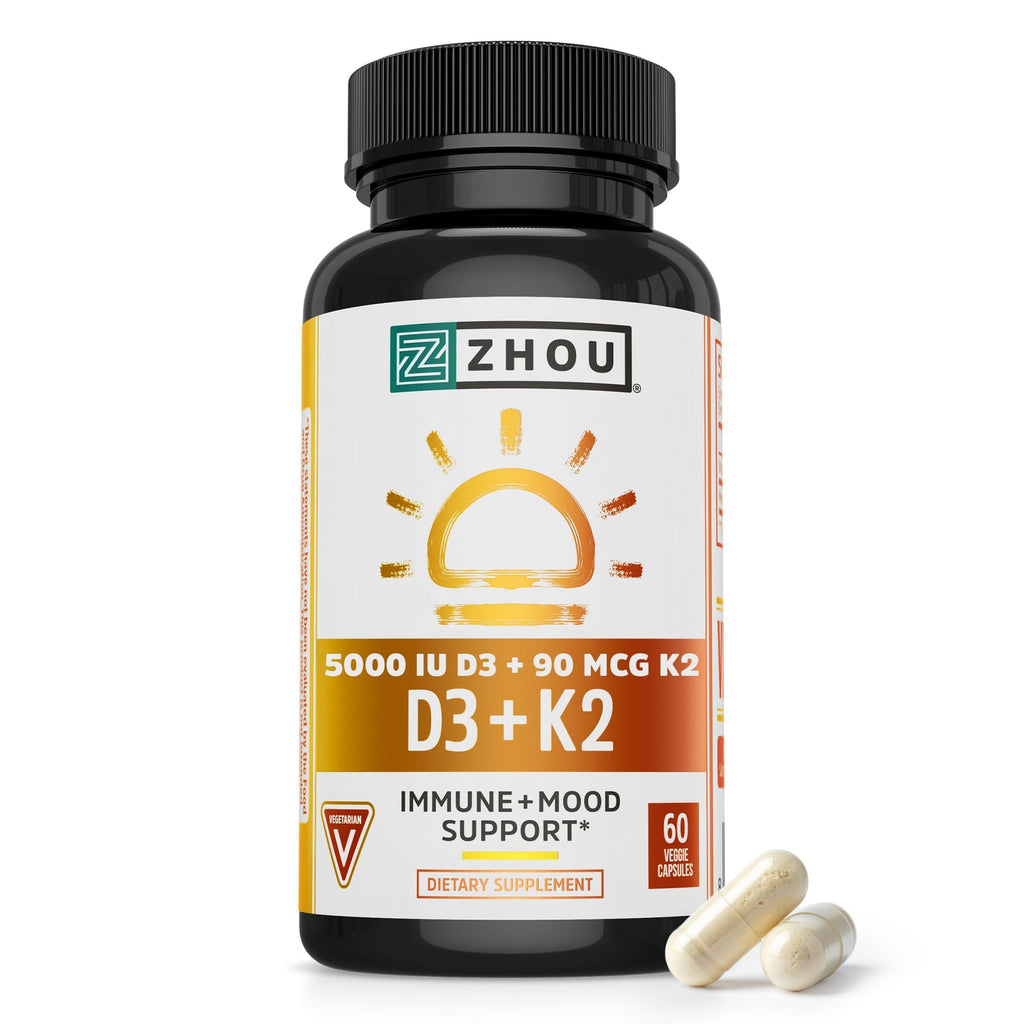 ZHOU Vitamin D3+K2 Supplement Bone Support - 60 Vegetarian Capsules