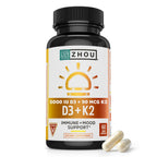ZHOU Vitamin D3+K2 Supplement Bone Support - 60 Vegetarian Capsules