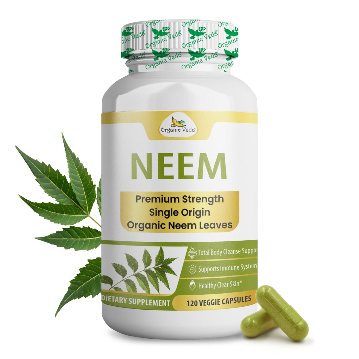 Organic Veda Neem Capsules Herbal Supplement - 120 Vegan Capsules