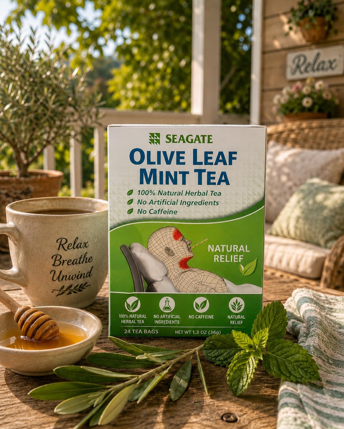 Seagate Products Olive Leaf Herbal Mint Tea 24 Count