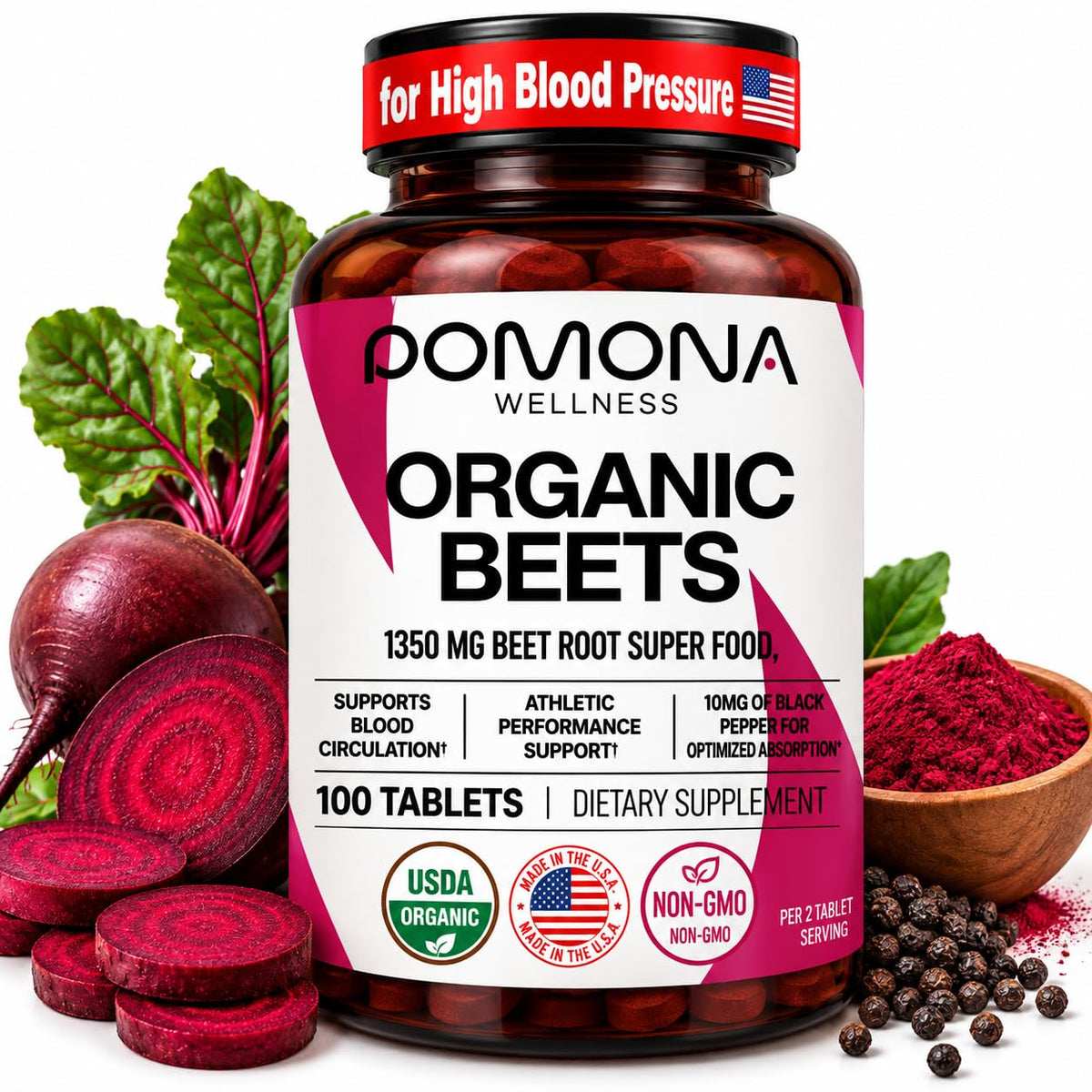 Pomona Wellness Beetroot Supplement Nitric Oxide Booster - 100 Tablets