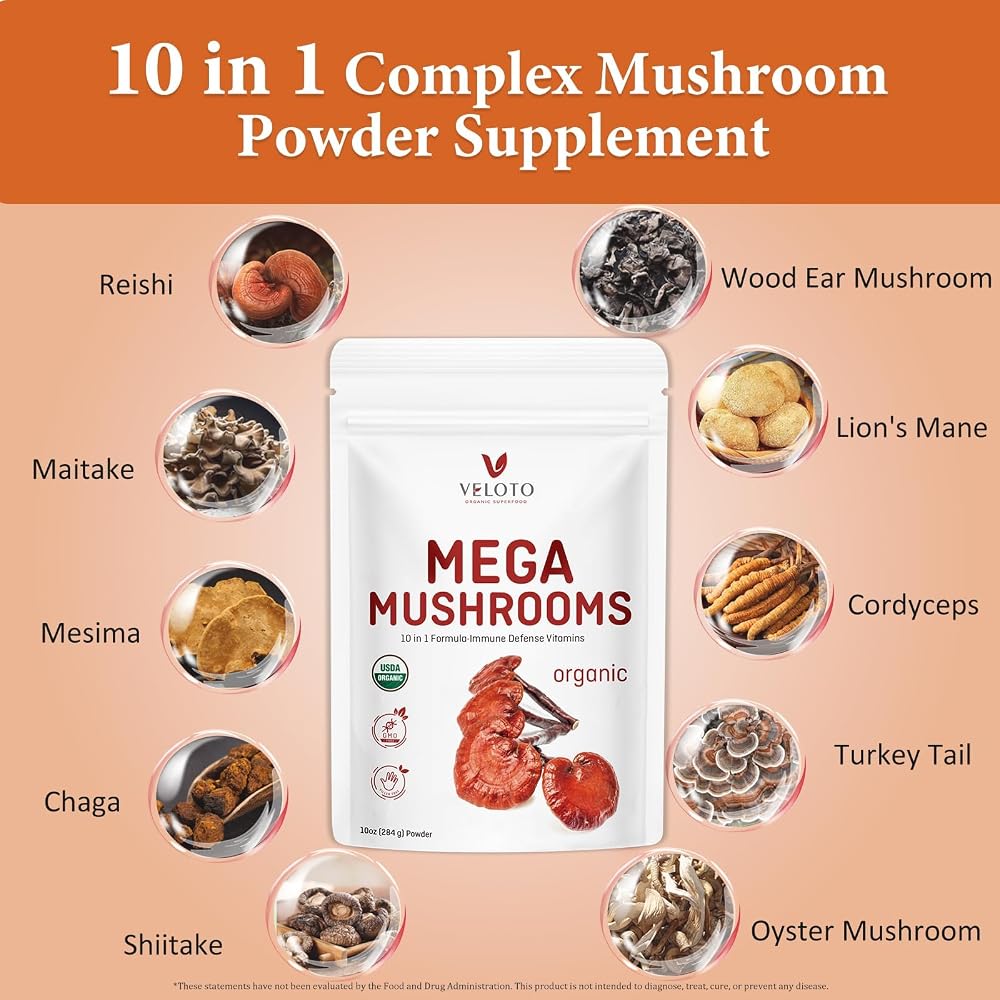VELOTO Organic Mega Mushroom Powder Blend 10-in-1 - 10oz - image 3