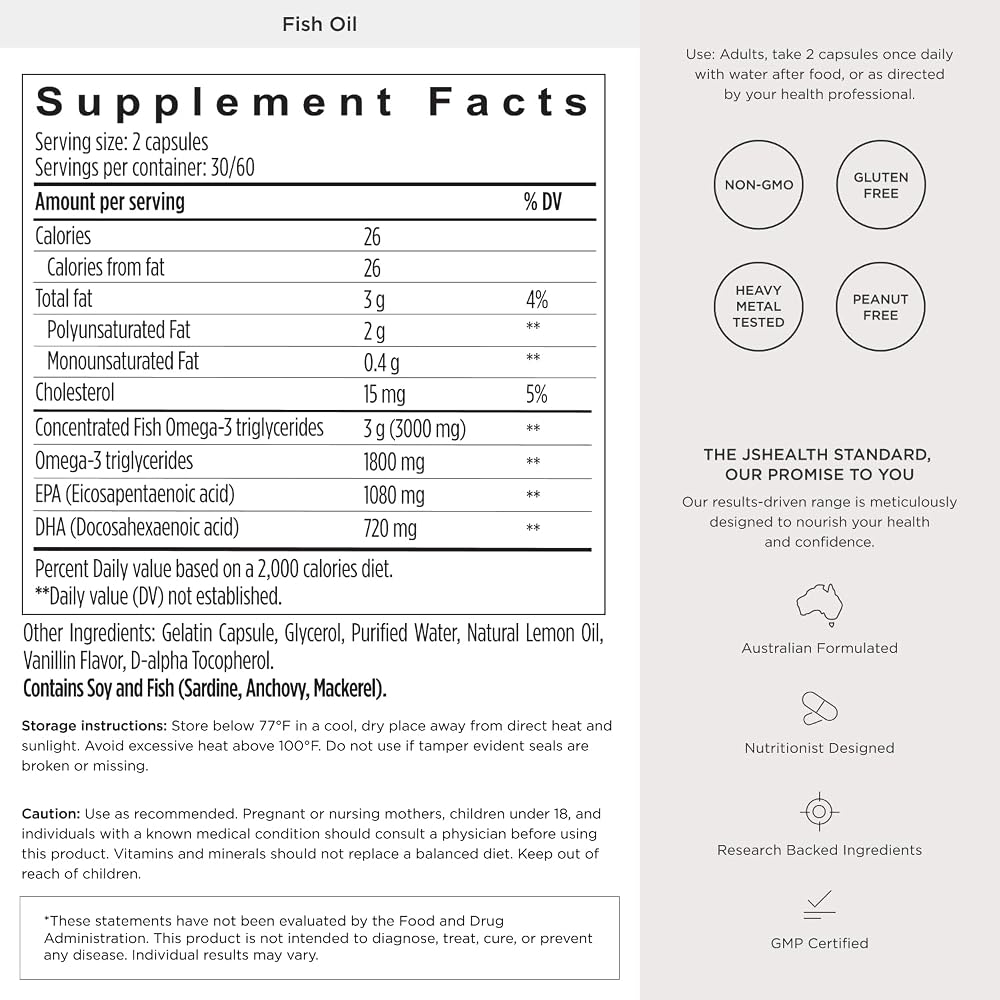 JSHealth High Strength Fish Oil Supplements - Omega 3 Fish Oil - Made