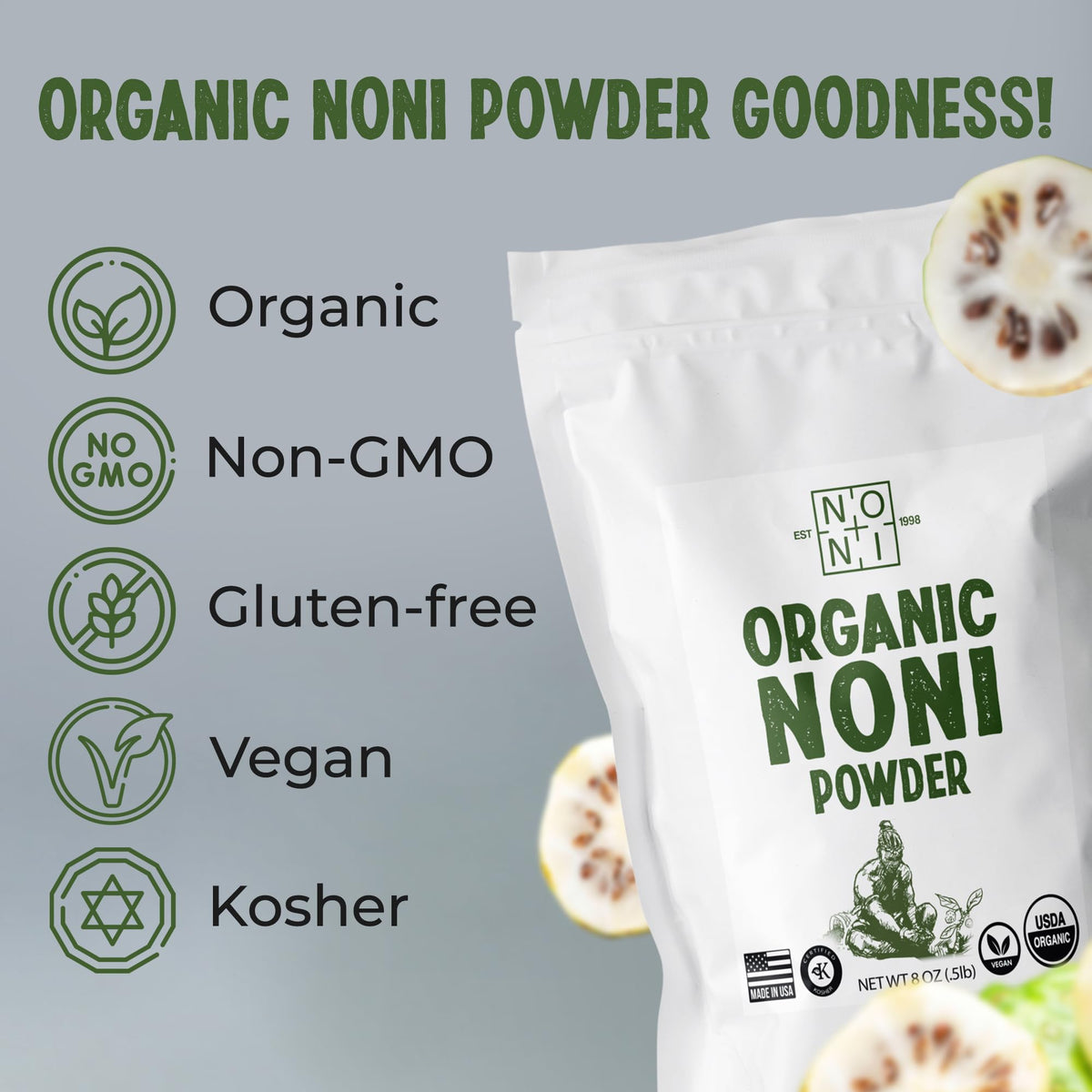 Healing Noni Fruit Powder, 100% Pure, USDA Organic, 8oz Resealable Bag