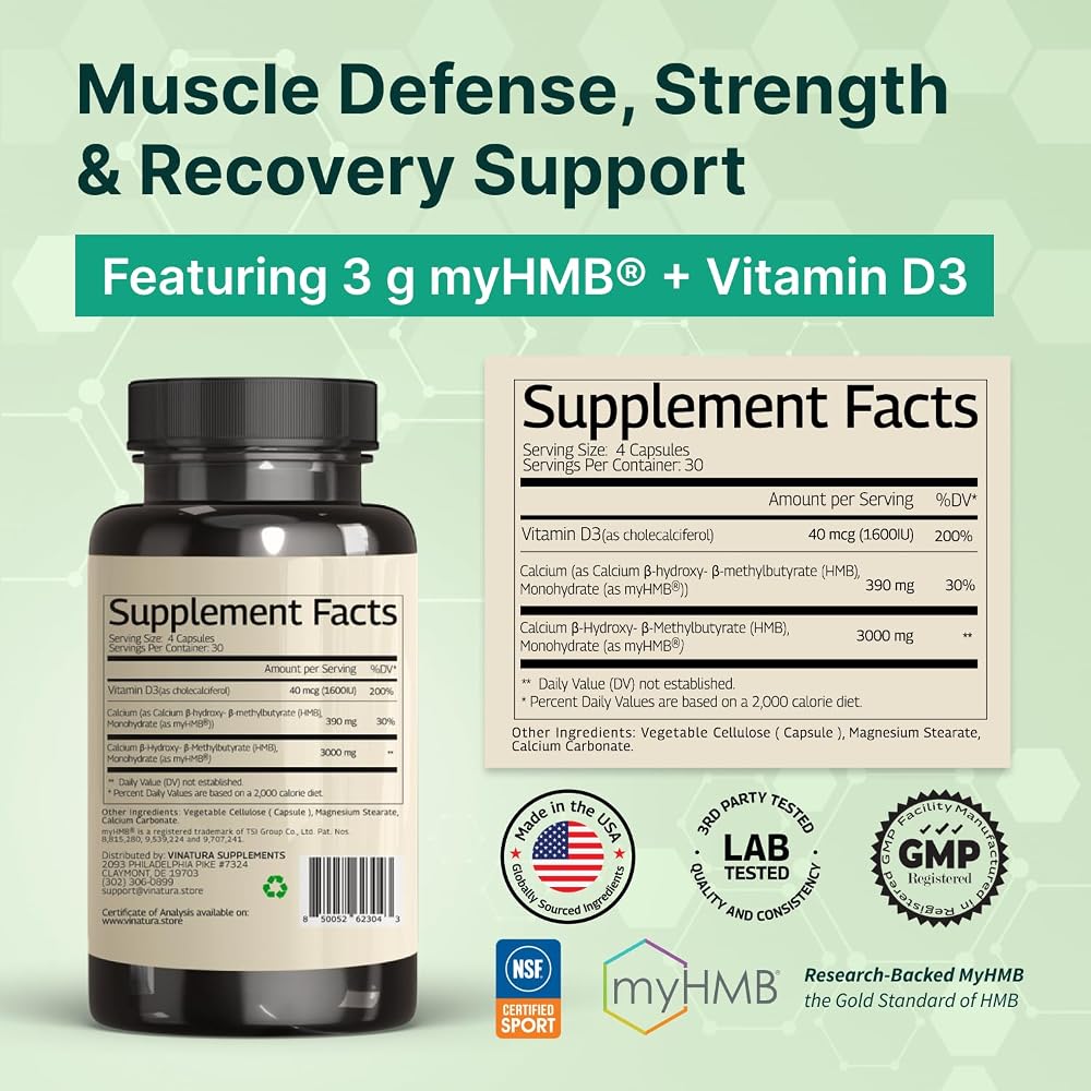 VINATURA HMB 3000mg and Vitamin D3 Supplement - 120 Capsules - image 3