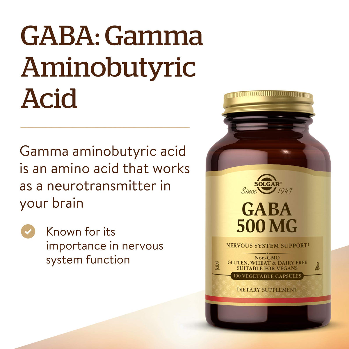 Solgar GABA 500 mg Nervous System Support - 100 Vegetable Capsules - image 3