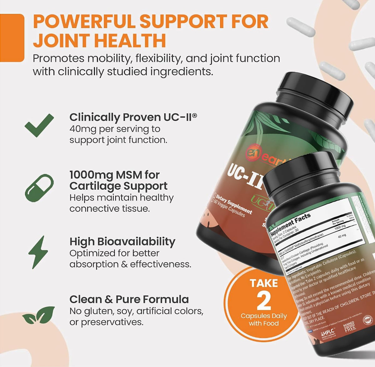 EarthNutri UC-II Collagen & MSM Joint Supplement - 60 Capsules - image 2