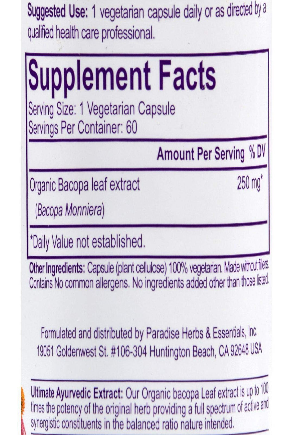 Paradise Herbs Bacopa Ayurvedic Brain Tonic - 60 Vegetarian Capsules - image 2
