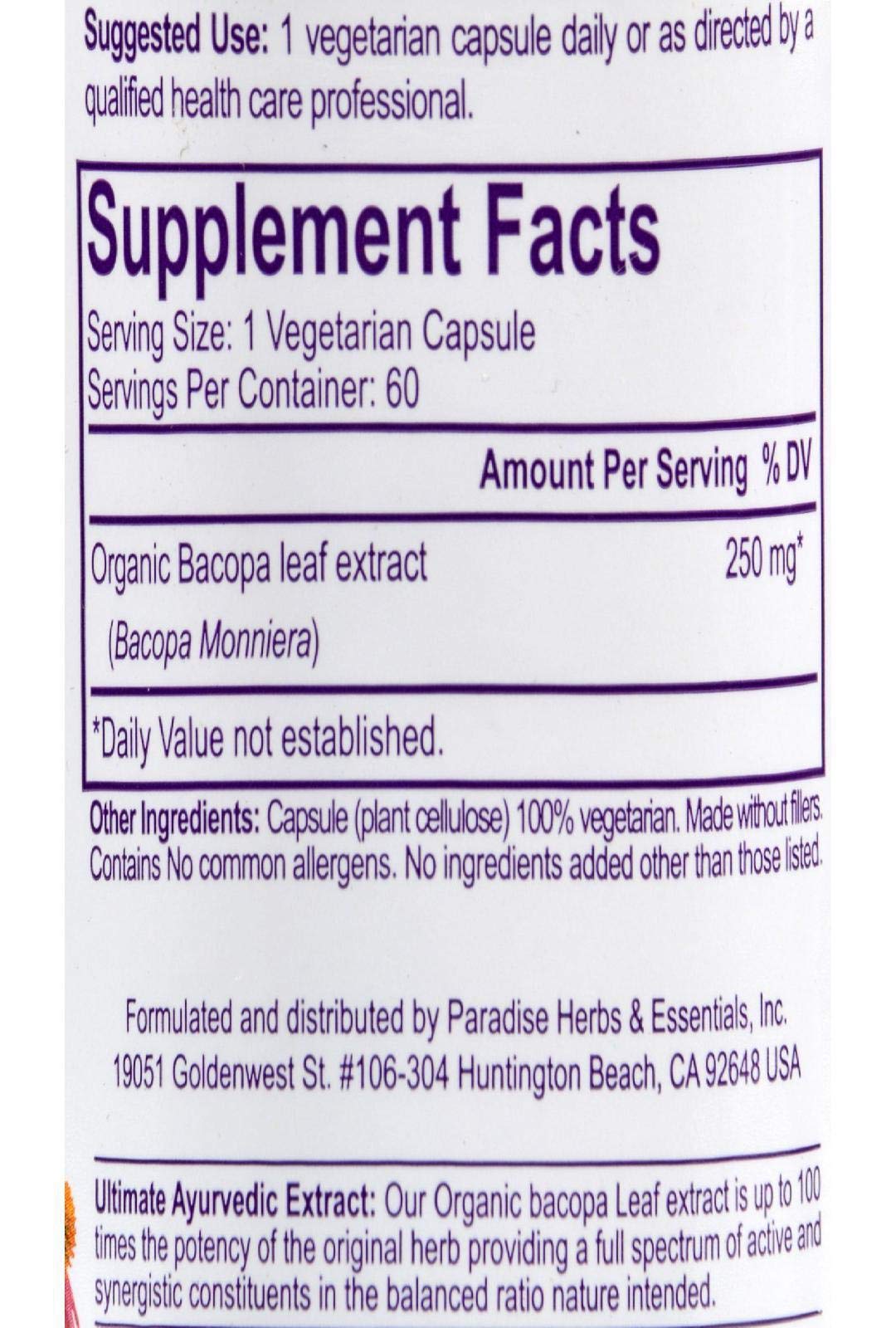 Paradise Herbs Bacopa Ayurvedic Brain Tonic - 60 Vegetarian Capsules - image 2