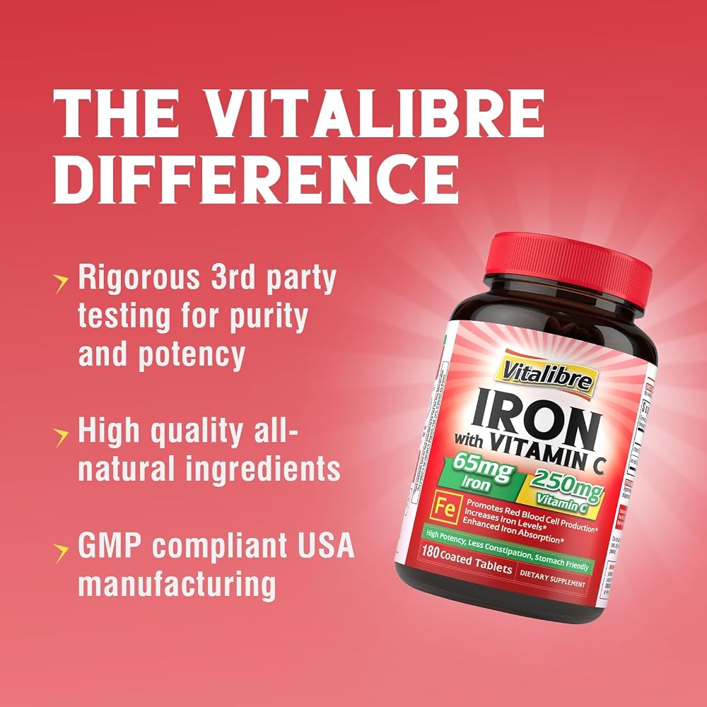 Vitalibre Iron Supplement, 65mg Carbonyl Iron with 250mg Vitamin C
