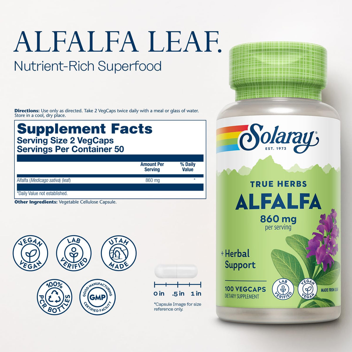 SOLARAY Alfalfa Leaf Supplement 860mg - 100 Vegetarian Capsules - image 2
