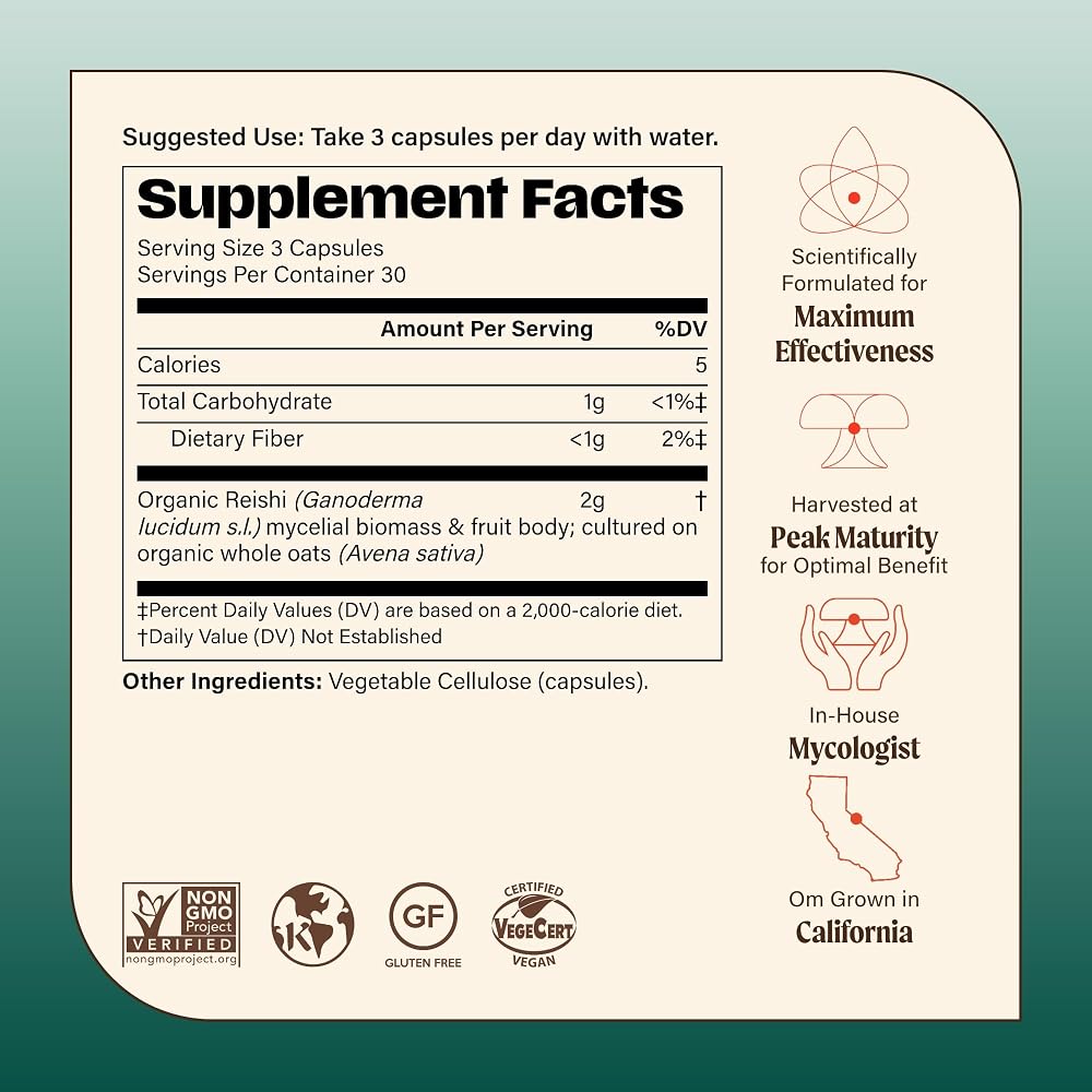 OM MUSHROOM SUPERFOOD Reishi Mushroom Capsules Stress Relief - 90 Count - image 8