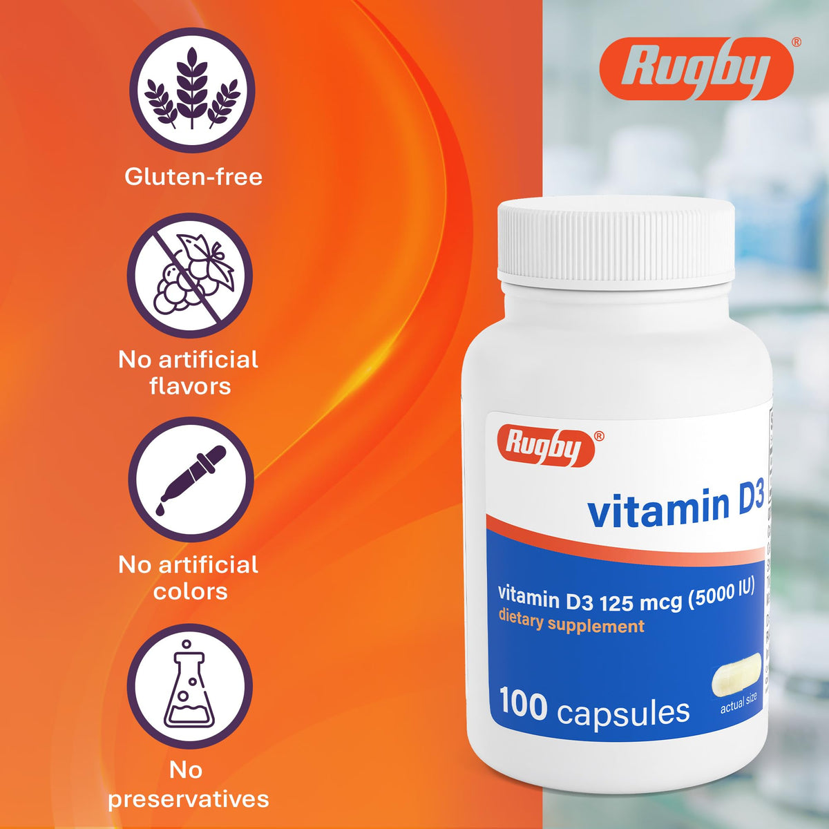Rugby Vitamin D3 5000 IU - 100 Capsules - image 6