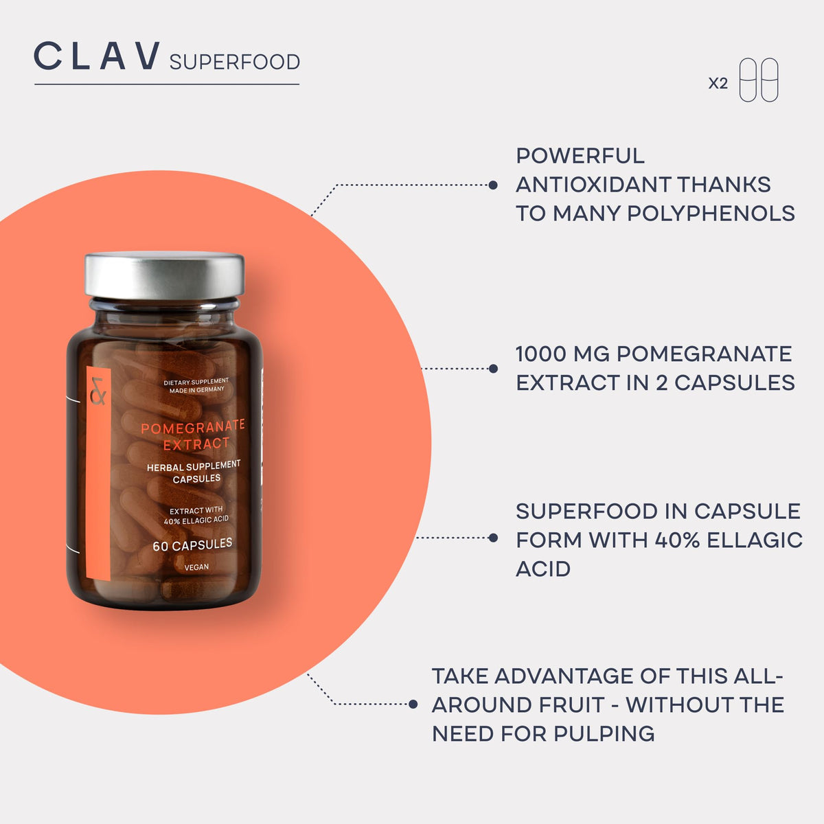 CLAV Pomegranate Extract 1000mg with 40% Ellagic Acid - 60 Capsules - image 3