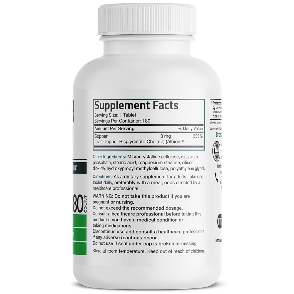 Bronson Copper 3 mg Bisglycinate Chelate - 180 Vegetarian Tablets - image 2