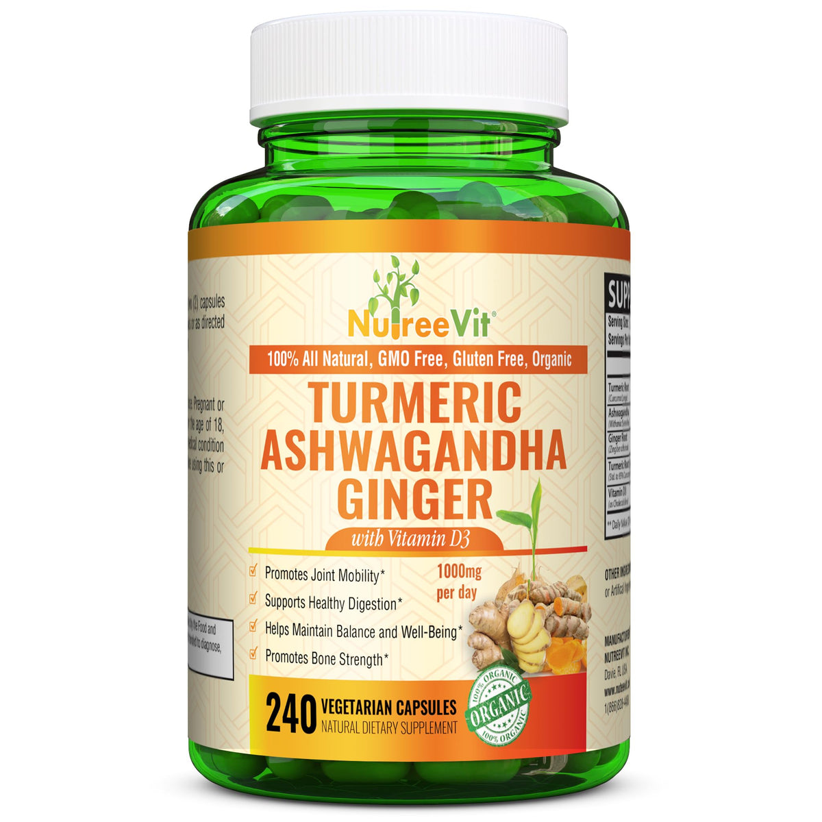 NutreeVit Organic Turmeric with Ashwagandha & Ginger - Capsules
