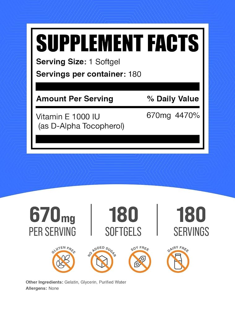 BulkSupplements Vitamin E 1000 IU Softgels - 180 Count - image 2