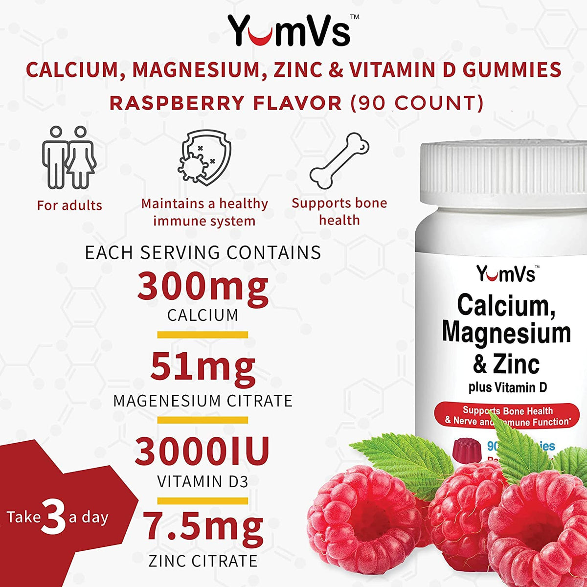 YUM-V'S Calcium Magnesium Zinc Gummies with D3 - 90 Count - image 2
