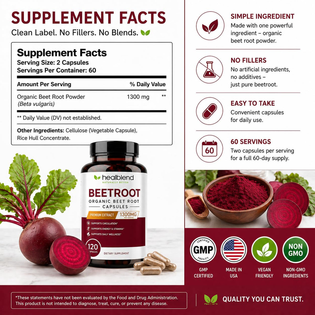 Healblend Organic Beet Root Capsules 1300mg - 120 Count - image 7