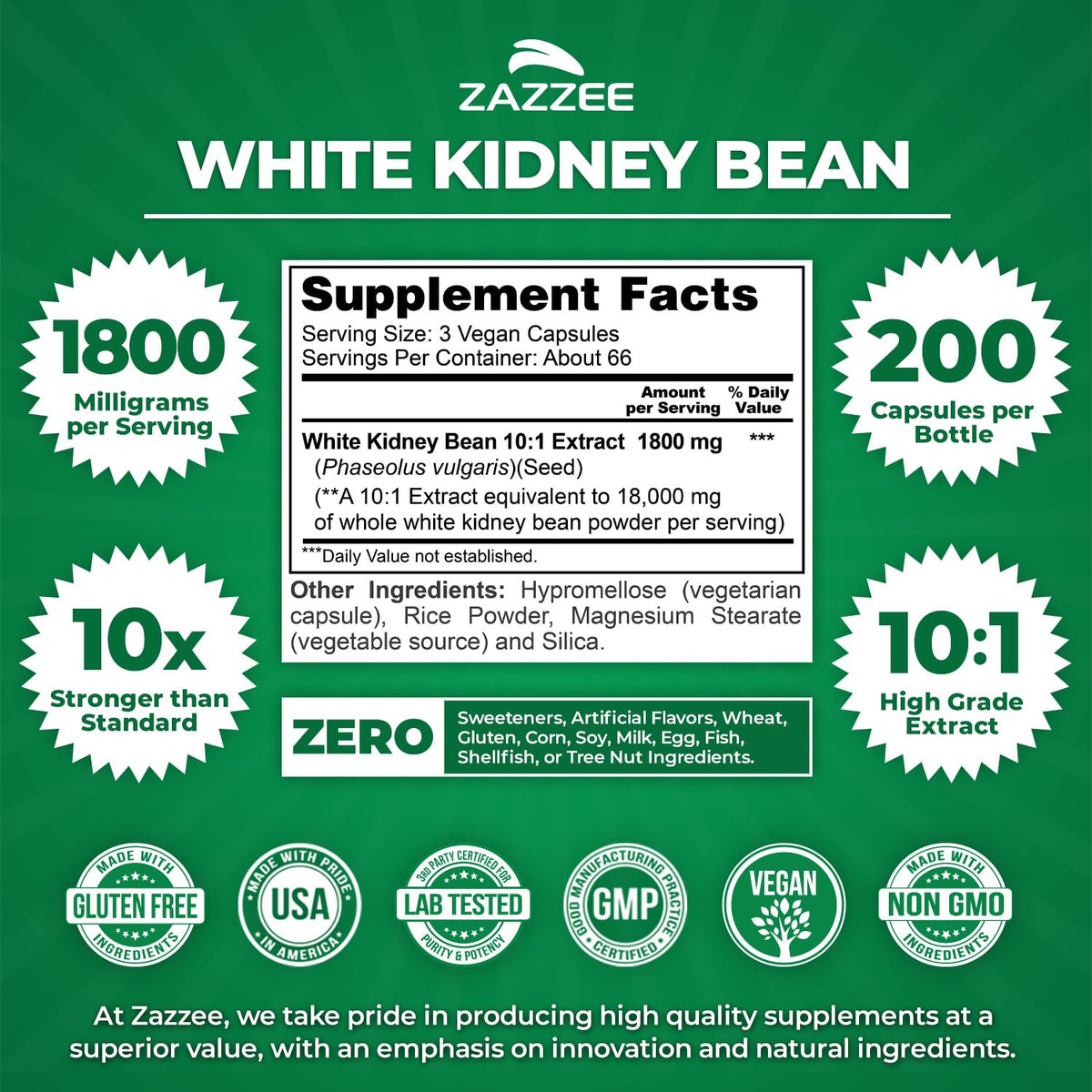 Zazzee White Kidney Bean 10:1 Extract 1800 mg - 200 Capsules - image 2